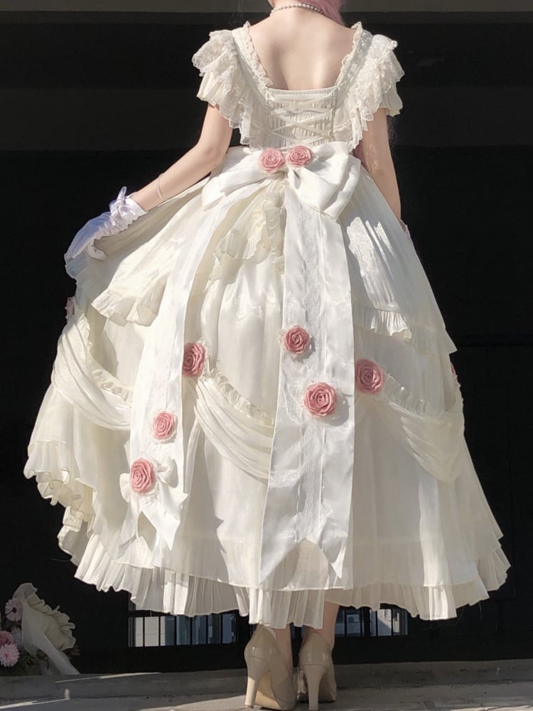 Ivory Princess Basque Waist Dress Roses and Bead Chain Lolita Wedding Dress - Sukuroi