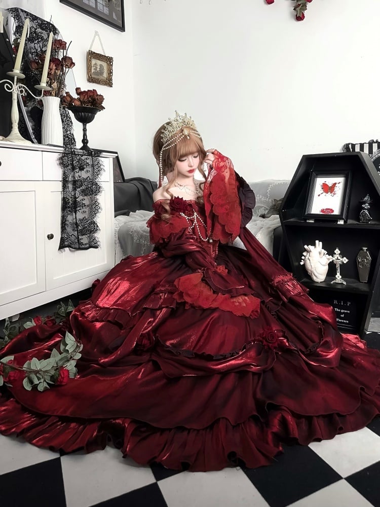 Vintage Gorgeous Red Dress Roses and Bead Chain Princess One Piece - Sukuroi