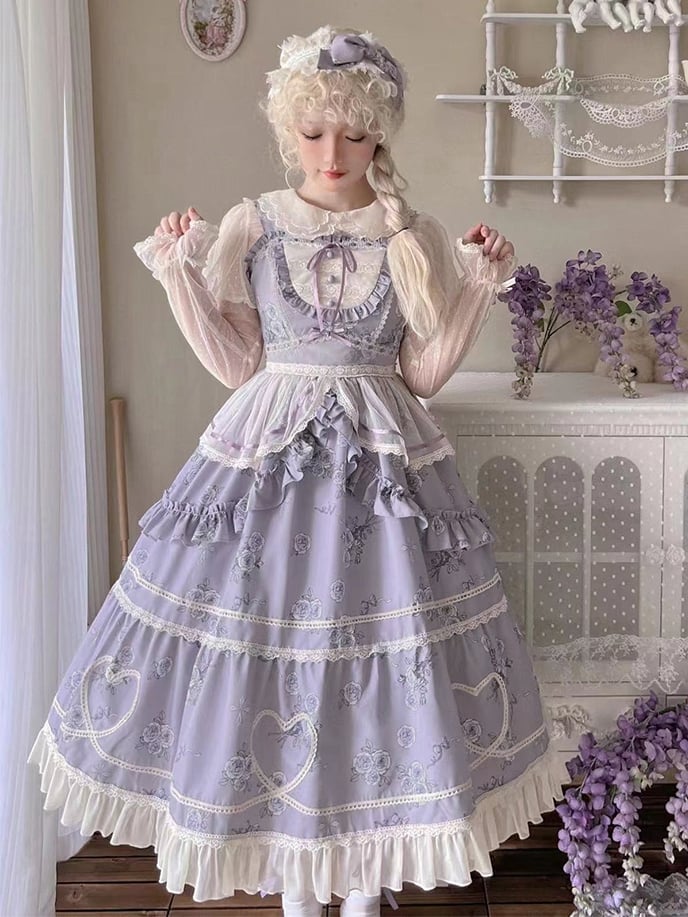 Purple Elegant Floral Dress Rosette Print Jumper Skirt - Sukuroi