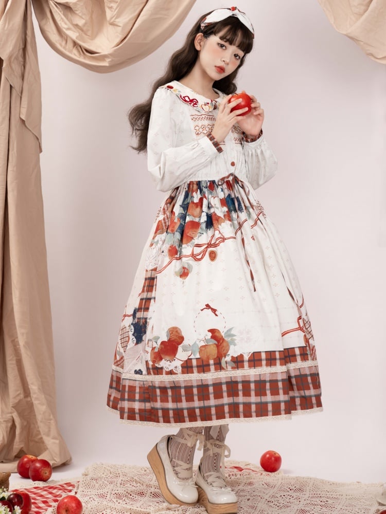 White Apple and Plaid Print Front Button Placket Autumn One Piece