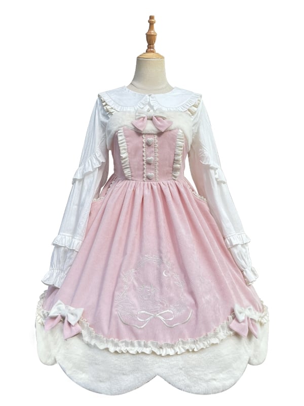 Pink Christmas Reindeer Embroidery Winter Jumper Skirt - Sukuroi