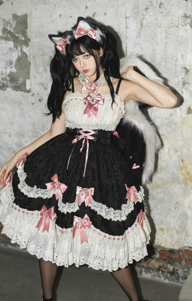 Plus Size Friendly Black Rosette Pattern Fabric Detachable Bowknots Jumper Skirt - Sukuroi