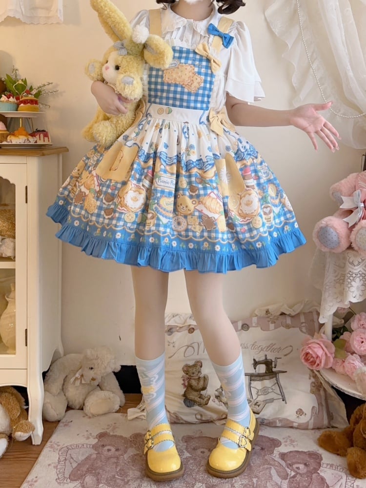 Yellow and Blue Gingham Pattern Sweet Dessert Print Overalls