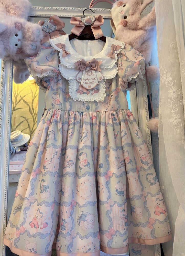 Pink and Green Sweet Kitty Print High Waist One Piece - Sukuroi