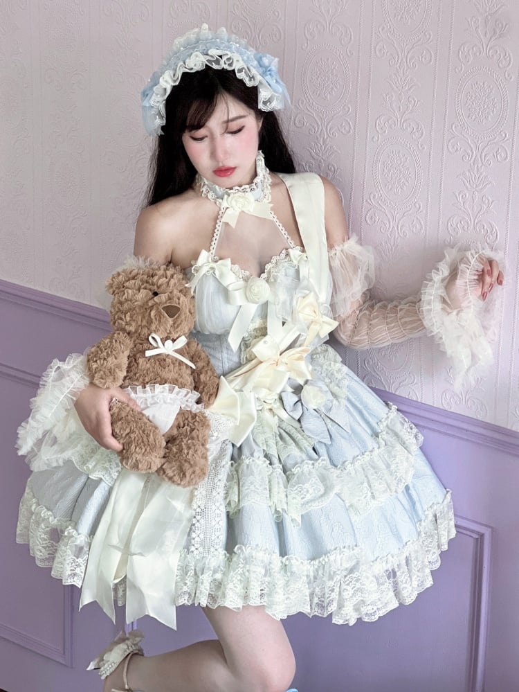 Fairy Floral Bowknot Design Princess Blue Prom Dress