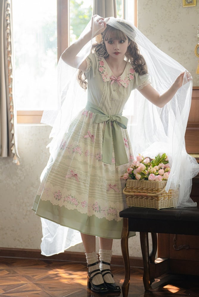 Rose Embroidery Collar Green and Pink Floral Dress One Piece