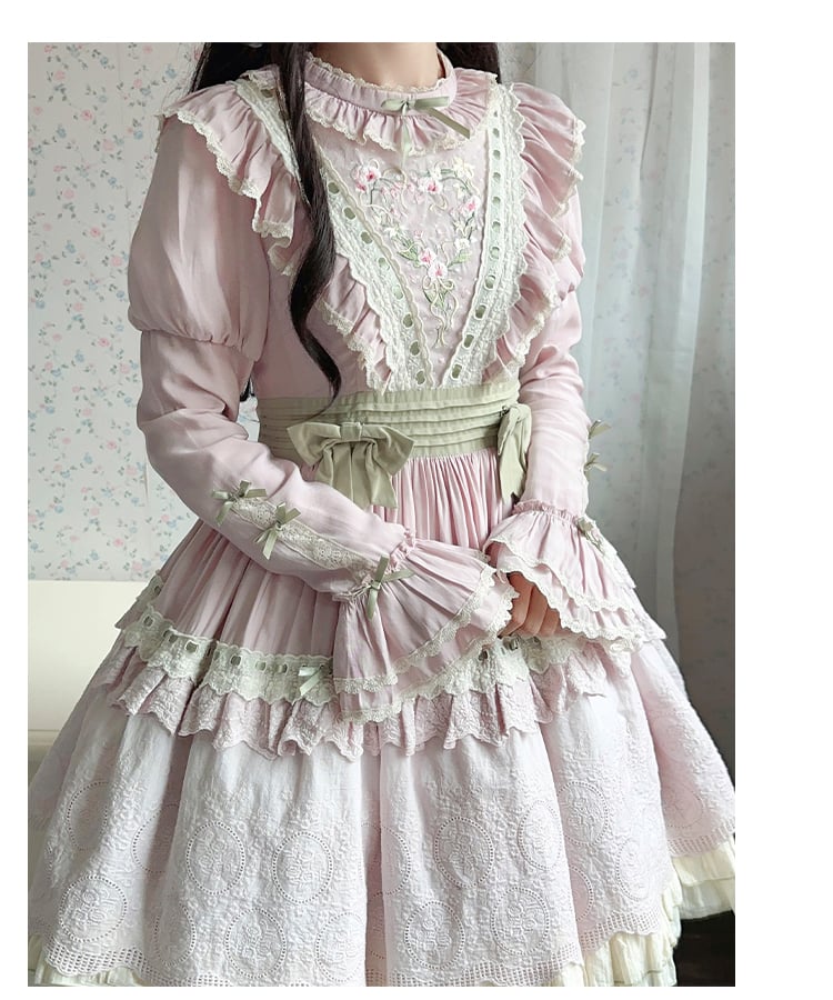 Pink Spring Orchid Embroidery One Piece Embroidered Trim Hemline - Sukuroi
