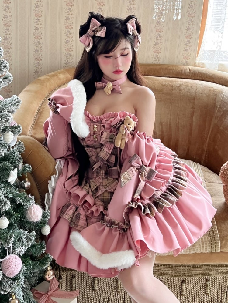 Sweet Bear Theme Pink and Brown Plaid Strapless Dress + Sleeves
