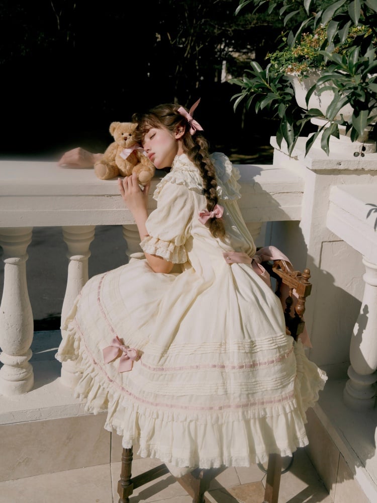 Creamy White Ruffle Trim and Pleating Details Short Sleeves One Piece