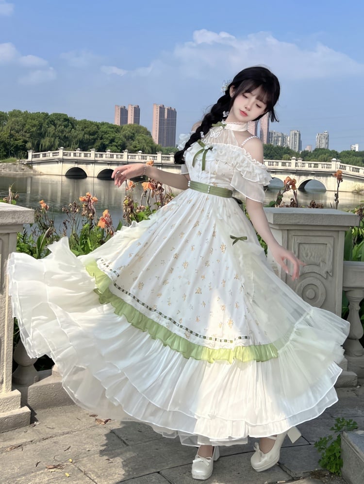 Illusion Neckline Elegant Floral Dress White and Green High Waist Classic One Piece