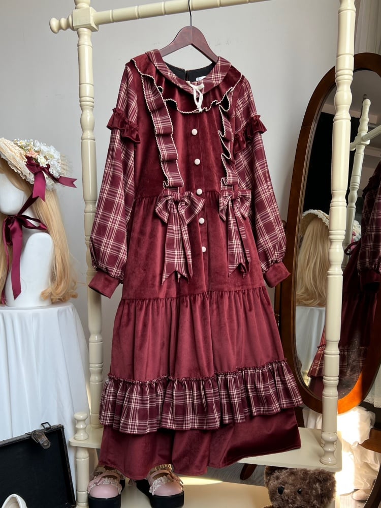Red Plaid Pattern Christmas Winter Dress Removable Bowknots One Piece