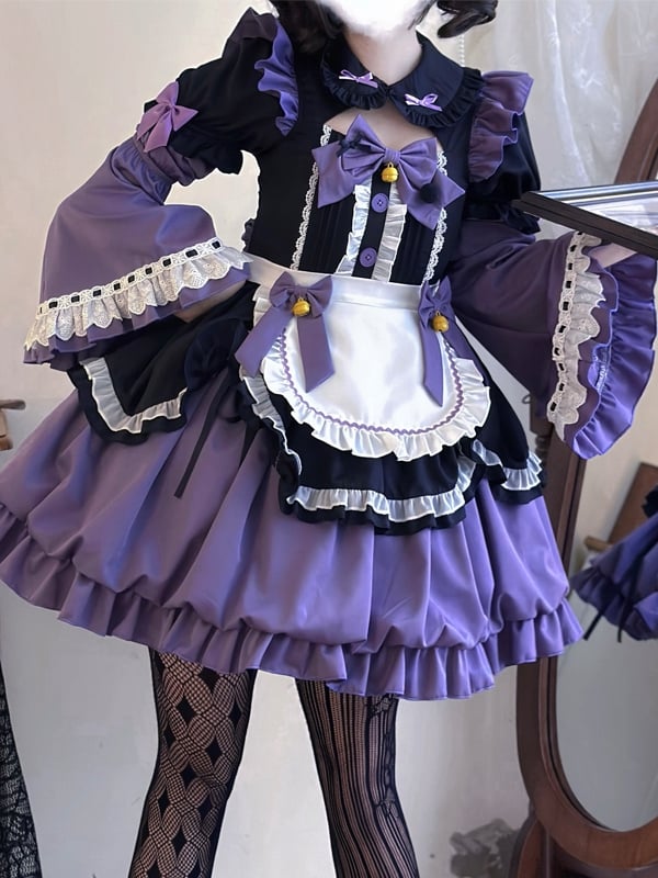 Purple and Black Peter Pan Collar Maid One Piece with Sleeves and Apron
