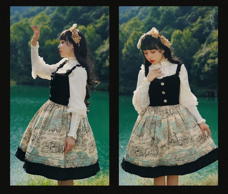 Winter Hunting Period Sweetheart Neckline Ruffled Hemline Jumper Skirt