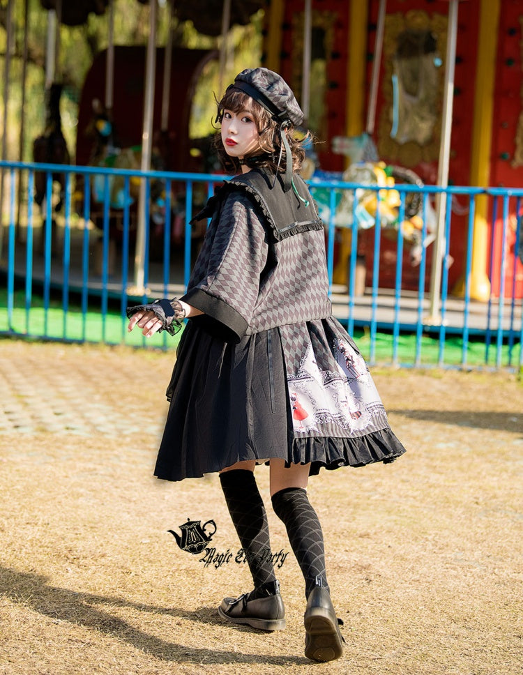 No One Lives Jumper Skirt in black worn outdoors near carousel