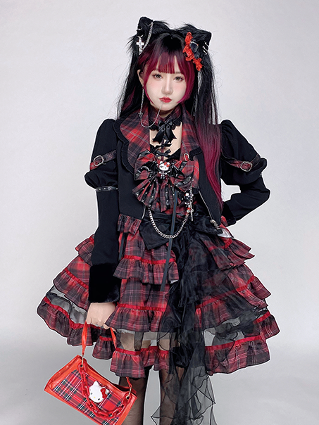 Rock Kitty Tiered Skirt Punk Jumper Skirt / Lapel Collar Jacket Full Set