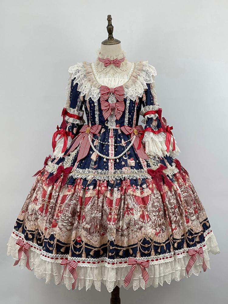 Dark Blue Fairy Tales Print Bowknot Details Lace Trim Long Sleeves One Piece