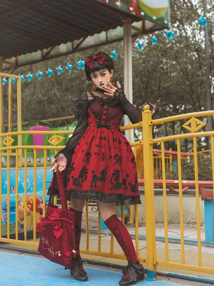 Red Cute Poodle Print Bowknot Sweetheart Neckline Jumper Skirt
