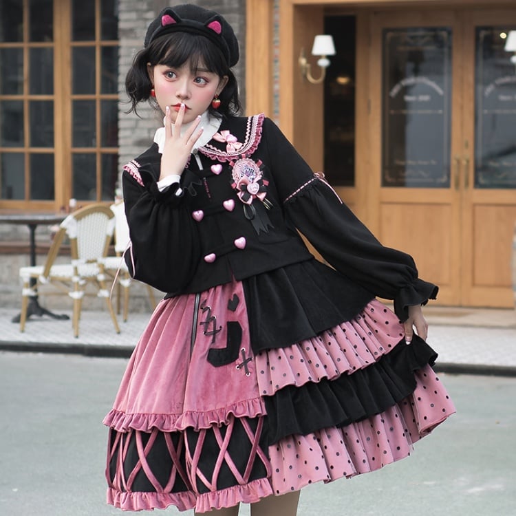 Black and Pink Sweet Lolita Jumper Skirt / Top