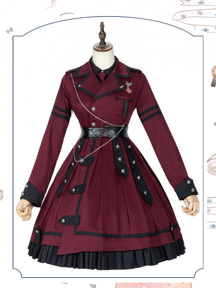 Military Style Outfits-Wine Red One Piece / Black Shirt / Black Cape