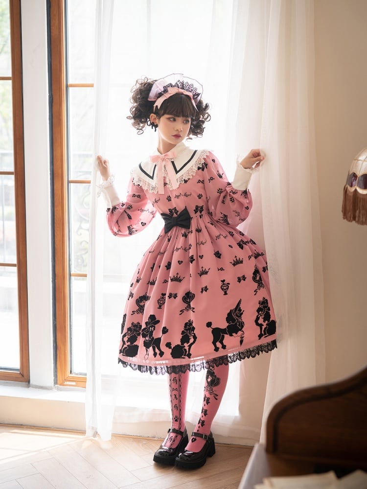 Pink Cute Poodle Print Bowknot Detail Lace Trim Long Sleeves One Piece
