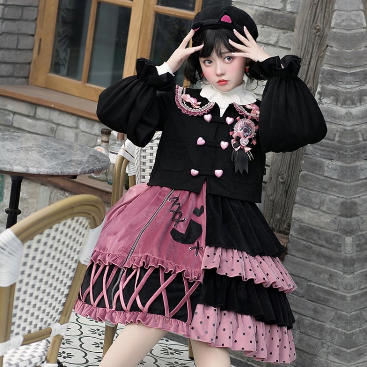 Black and Pink Sweet Lolita Jumper Skirt / Top