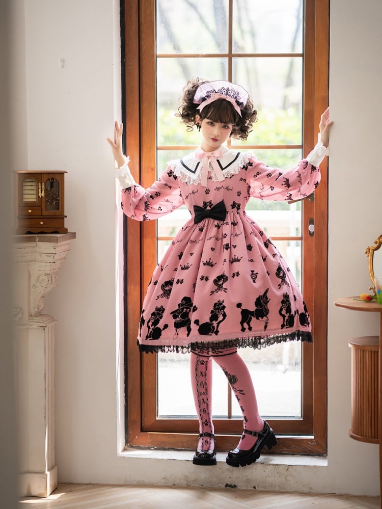 Pink Cute Poodle Print Bowknot Detail Lace Trim Long Sleeves One Piece