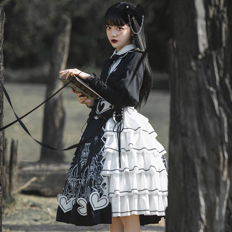 Black Gothic One Piece Alice in Wonderland Vibes Dress Full Set