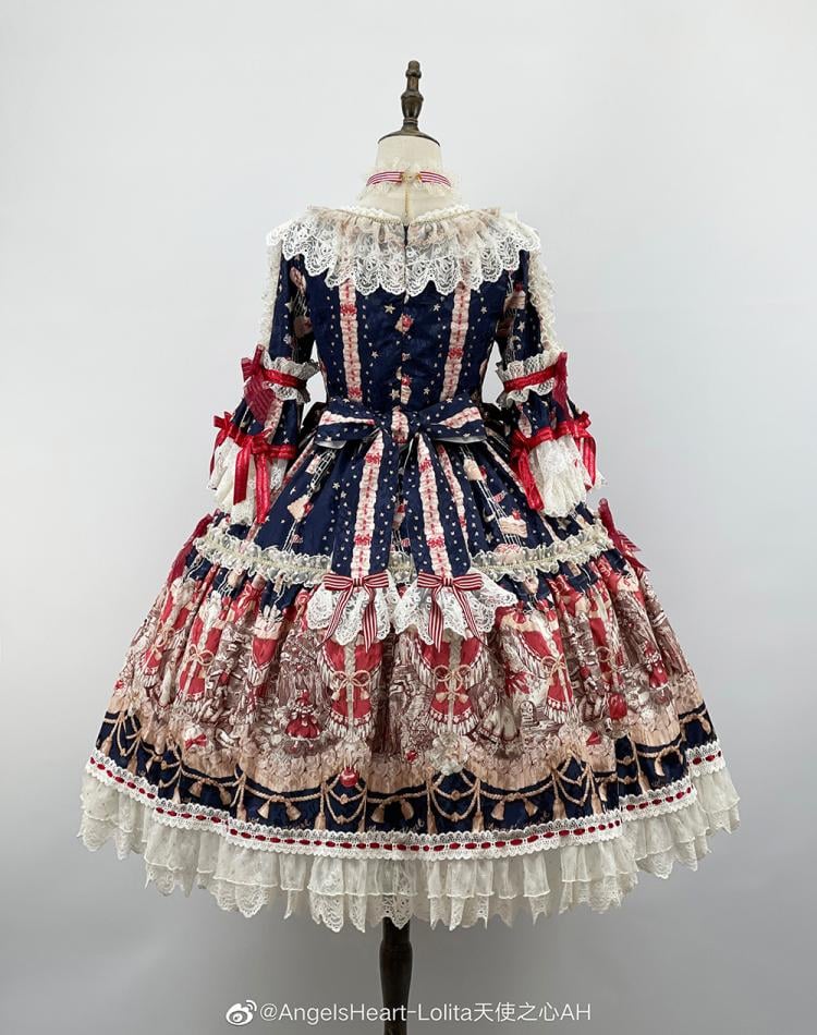 Dark Blue Fairy Tales Print Bowknot Details Lace Trim Long Sleeves One Piece