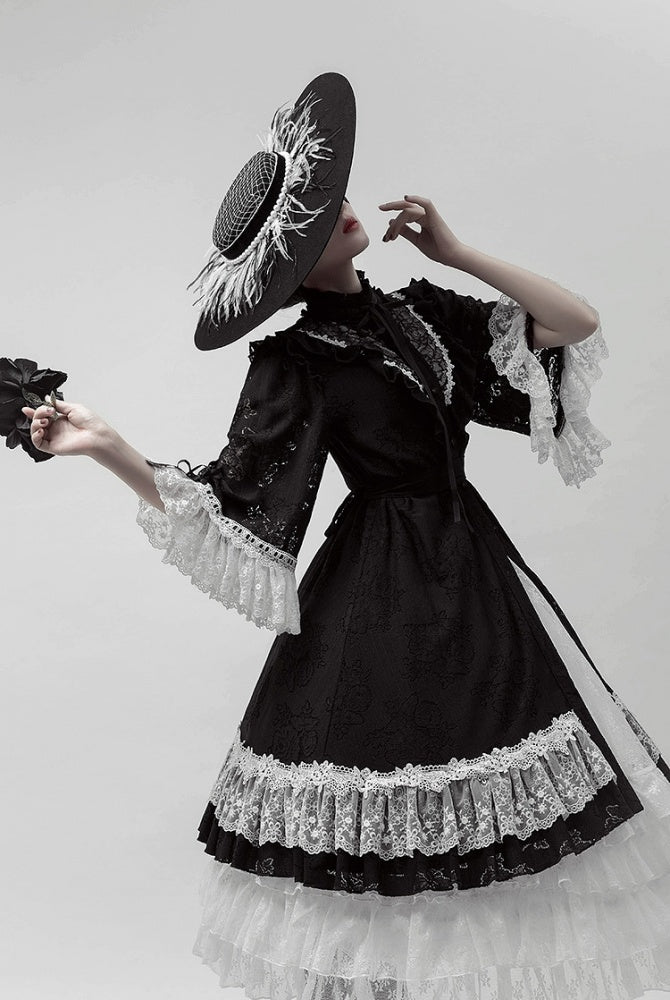 Freya Black and White Lace Ruffle Neckline Design Elegant One Piece