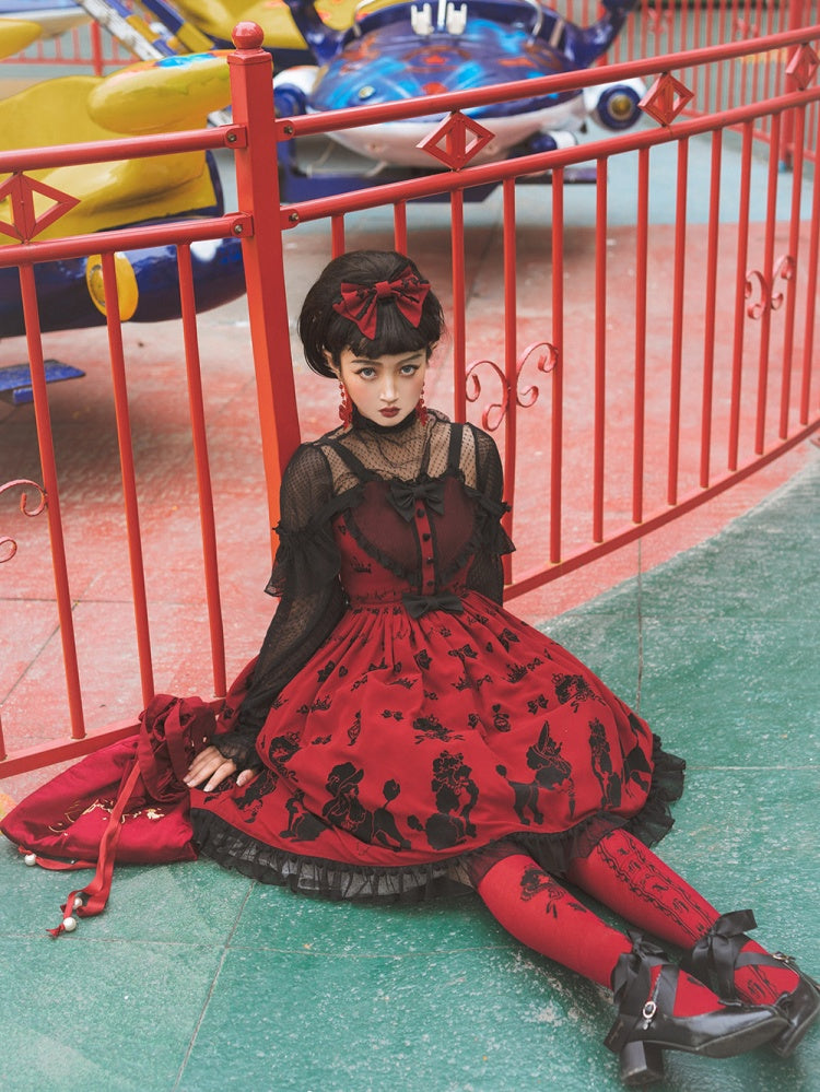 Red Cute Poodle Print Bowknot Sweetheart Neckline Jumper Skirt