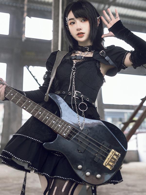 Imprisonment Zip V-neckline Tiered Skirt Punk Jumper Skirt / Top / Sleeves Full Set