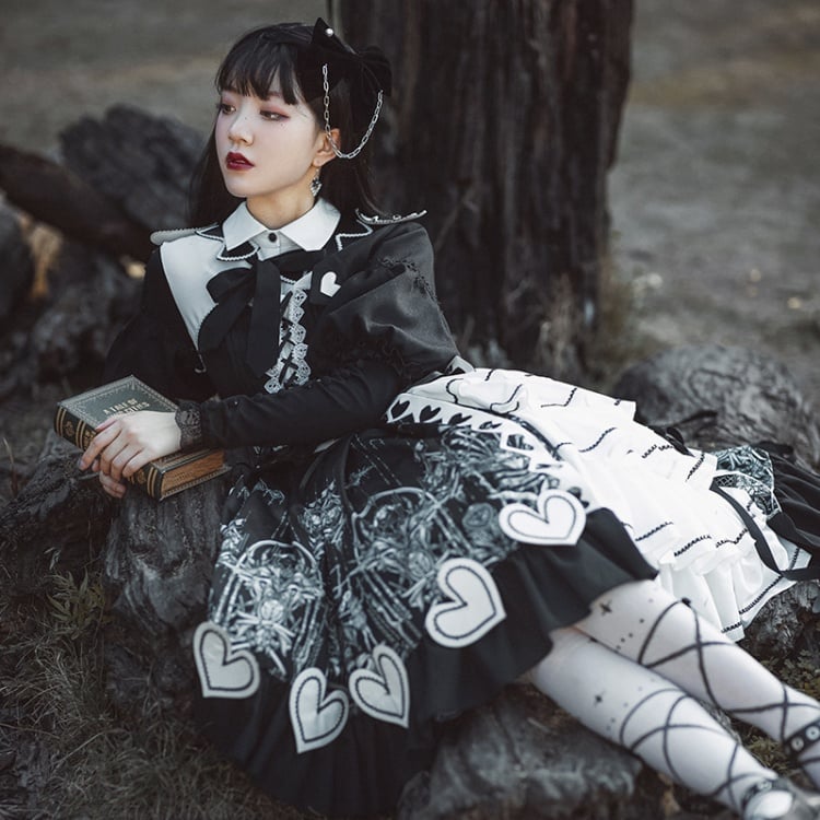 Black Gothic One Piece Alice in Wonderland Vibes Dress Full Set