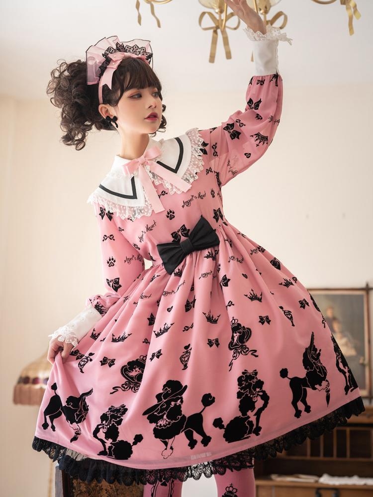 Pink Cute Poodle Print Bowknot Detail Lace Trim Long Sleeves One Piece