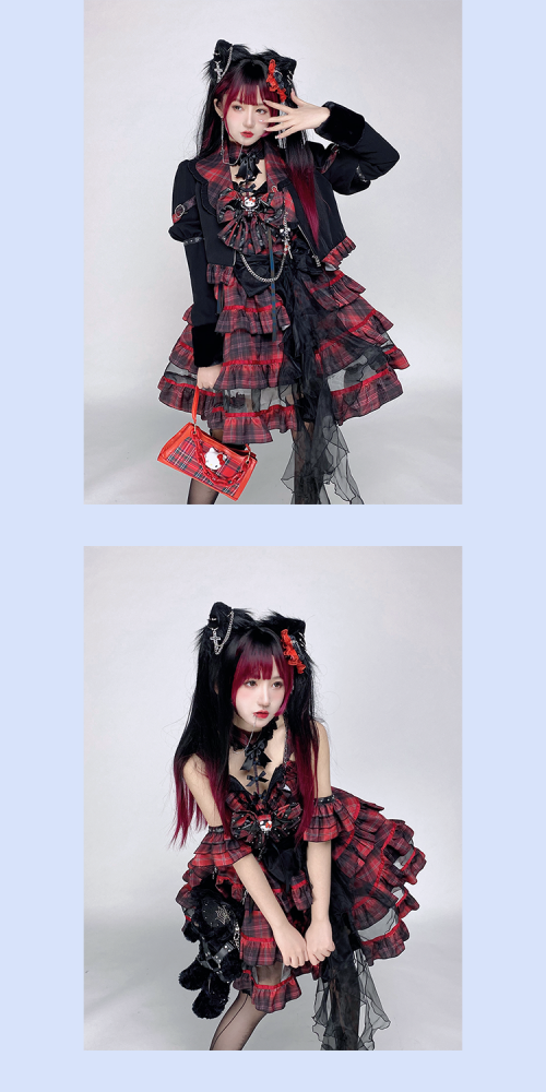 Rock Kitty Tiered Skirt Punk Jumper Skirt / Lapel Collar Jacket Full Set