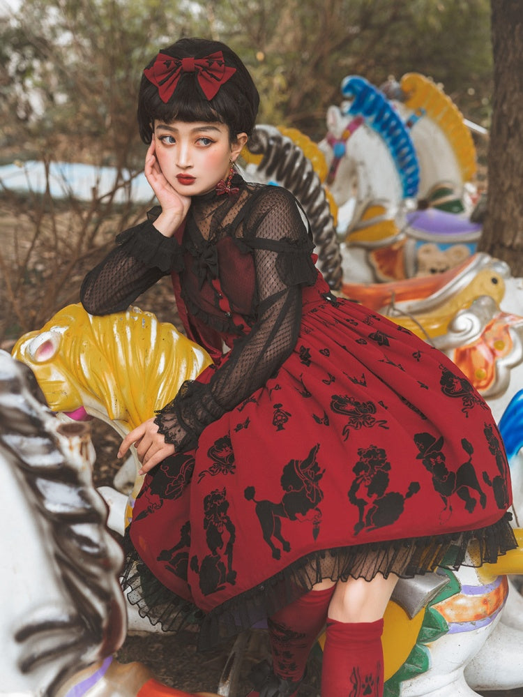 Red Cute Poodle Print Bowknot Sweetheart Neckline Jumper Skirt