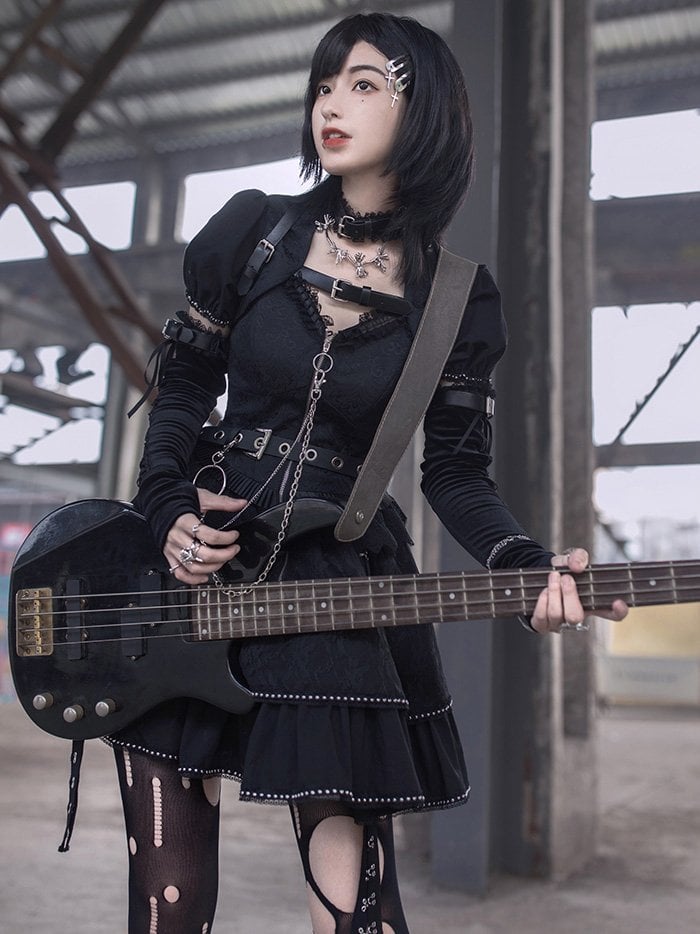 Imprisonment Zip V-neckline Tiered Skirt Punk Jumper Skirt / Top / Sleeves Full Set