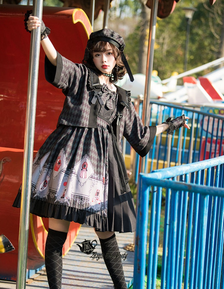 No One Lives Jumper Skirt in black with carousel background