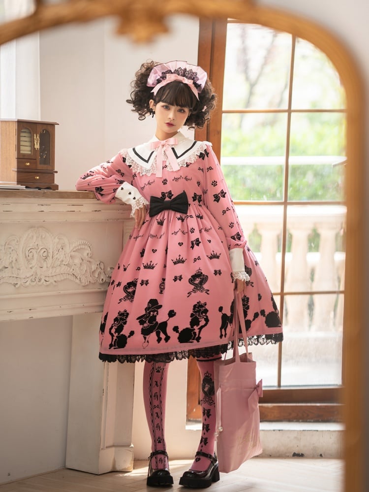 Pink Cute Poodle Print Bowknot Detail Lace Trim Long Sleeves One Piece
