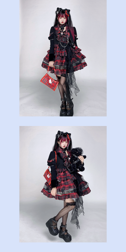 Rock Kitty Tiered Skirt Punk Jumper Skirt / Lapel Collar Jacket Full Set