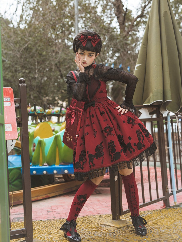 Red Cute Poodle Print Bowknot Sweetheart Neckline Jumper Skirt