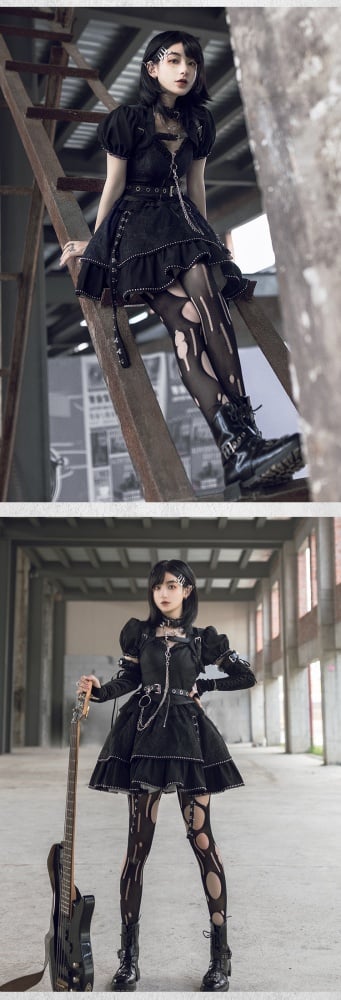 Imprisonment Zip V-neckline Tiered Skirt Punk Jumper Skirt / Top / Sleeves Full Set