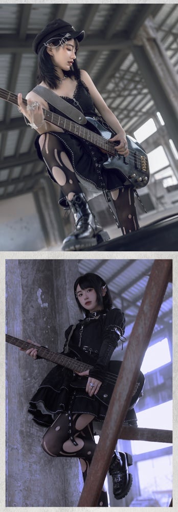 Imprisonment Zip V-neckline Tiered Skirt Punk Jumper Skirt / Top / Sleeves Full Set