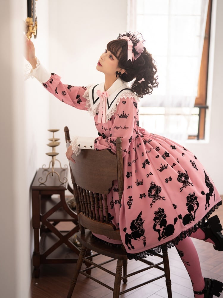 Pink Cute Poodle Print Bowknot Detail Lace Trim Long Sleeves One Piece
