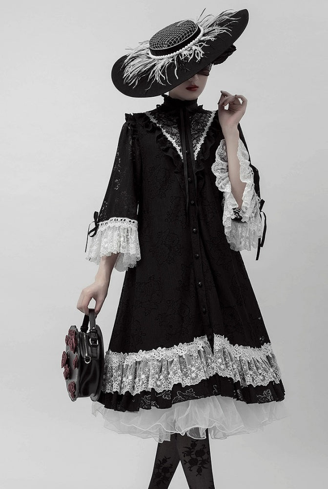 Freya Black and White Lace Ruffle Neckline Design Elegant One Piece