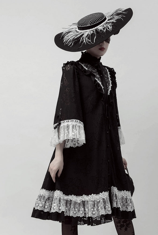 Freya Black and White Lace Ruffle Neckline Design Elegant One Piece