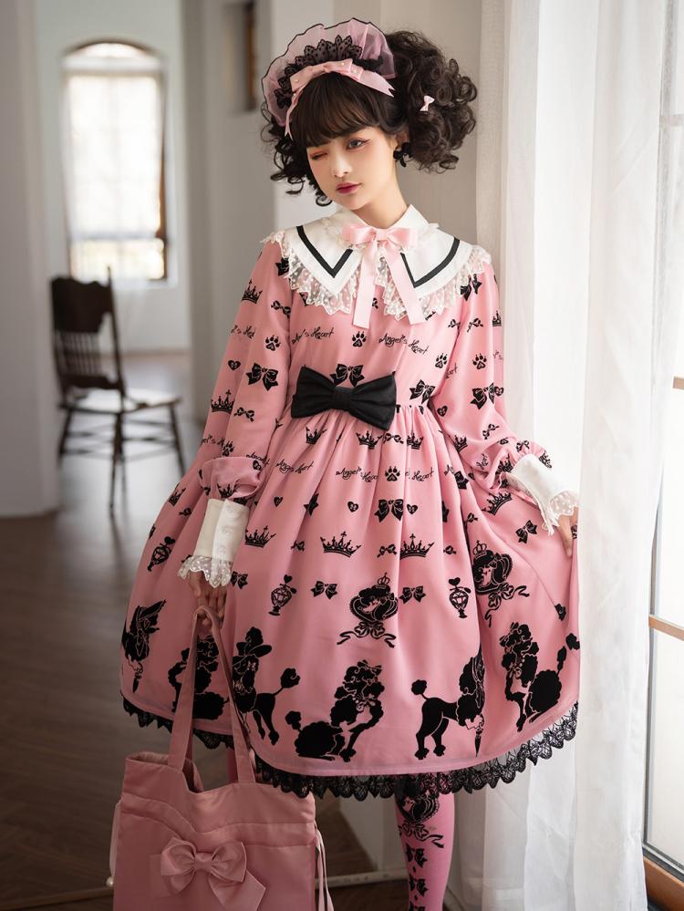 Pink Cute Poodle Print Bowknot Detail Lace Trim Long Sleeves One Piece
