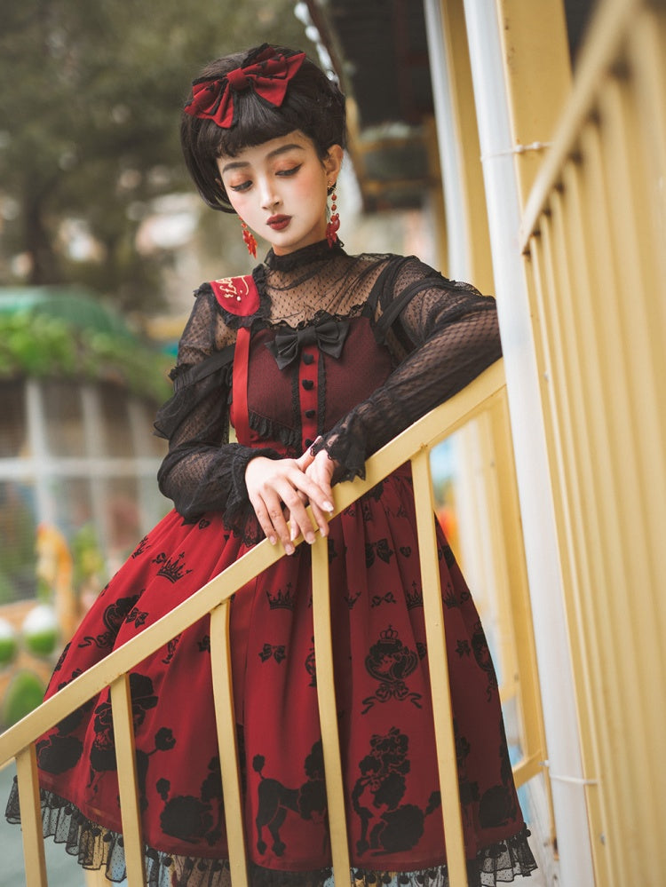 Red Cute Poodle Print Bowknot Sweetheart Neckline Jumper Skirt