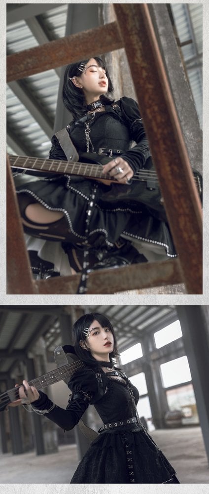 Imprisonment Zip V-neckline Tiered Skirt Punk Jumper Skirt / Top / Sleeves Full Set