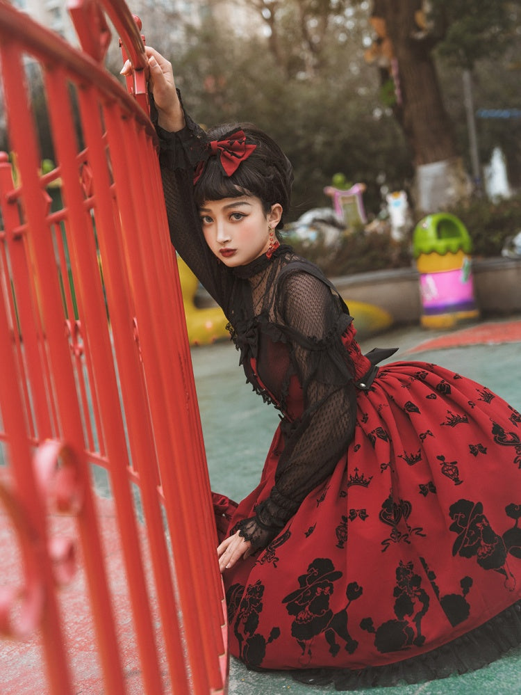 Red Cute Poodle Print Bowknot Sweetheart Neckline Jumper Skirt