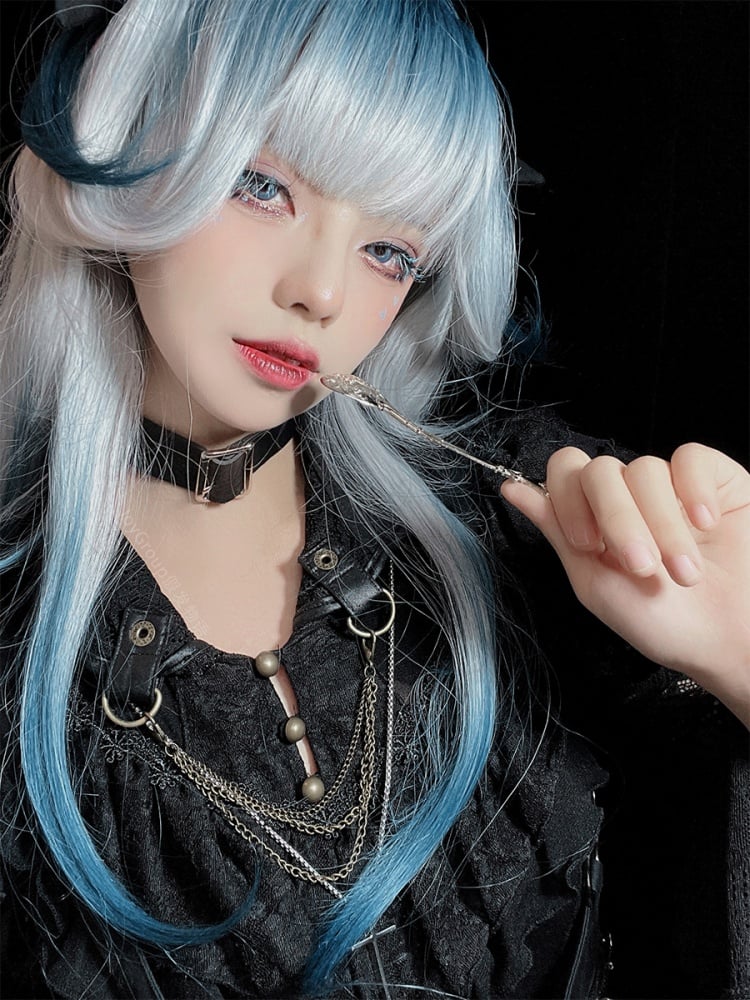 Long Straight Light Blue Ombre Hair Wig